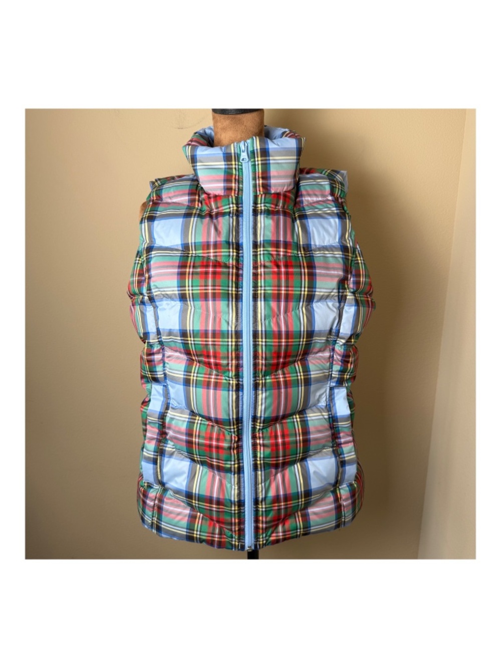 Lands End Plaid Quilted Puffer Vest Womens Medium 10-12 Blue Down Fill Winter